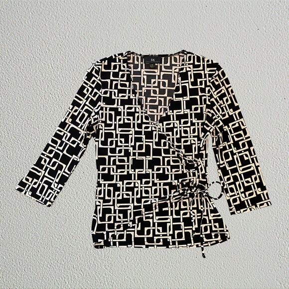 Surplice wrap top square link geometric print, Y2K retroglam romantic - Picture 1 of 7